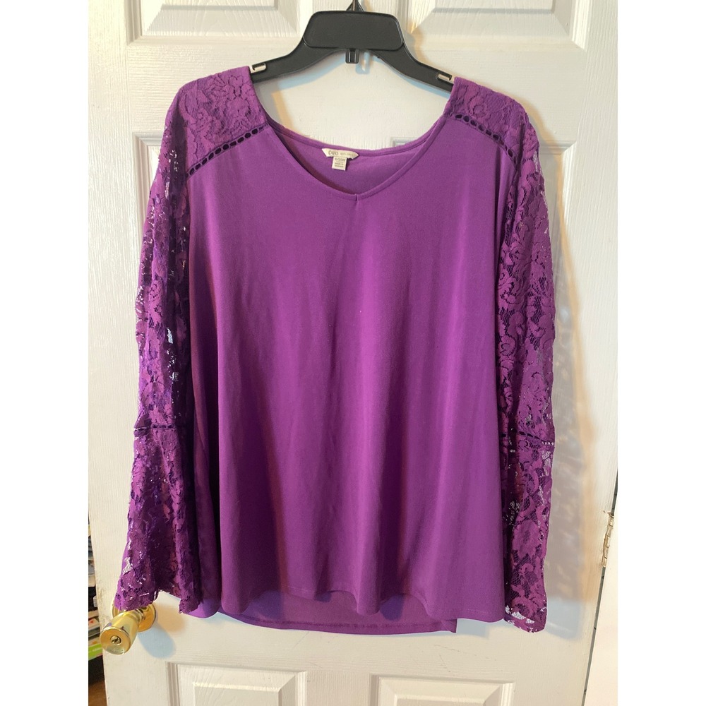 Cato Purple Lace Bell Sleeve V-Neck Blouse Plus Size 18/20W Floral Crochet Top